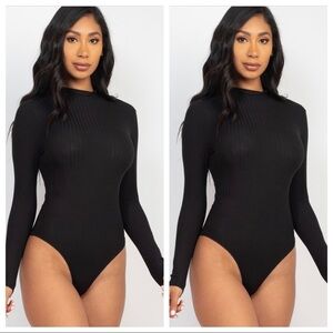 WOMEN BLACK RIBBED LONG SLEEVE MOCK NECK THONG BODYSUIT